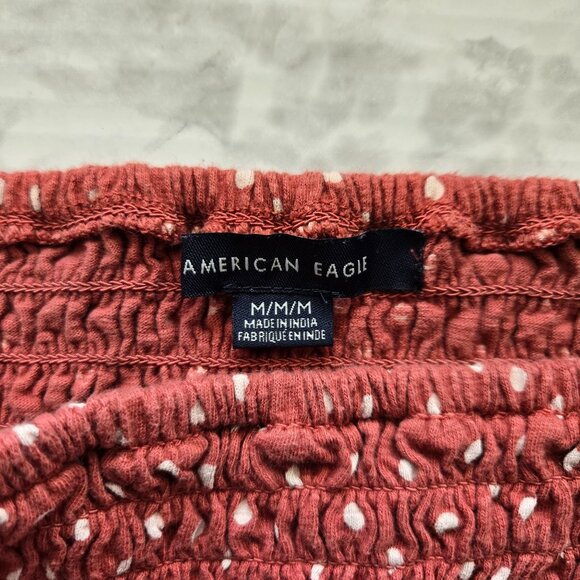 American Eagle Rust Polka Dot Ruffle 3/4 Sleeve Smocked Peplum Top Size M, Red - Picture 7 of 11